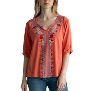 Liv Los Angeles Split Neck Embroidered Coral Short Sleeve Top 1X